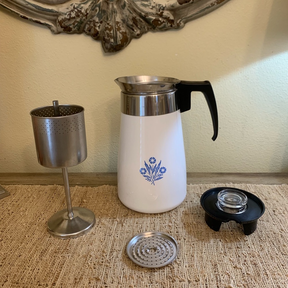 - Vtg Corning Ware 9 cup Coffee Pot Percolator white cornflower